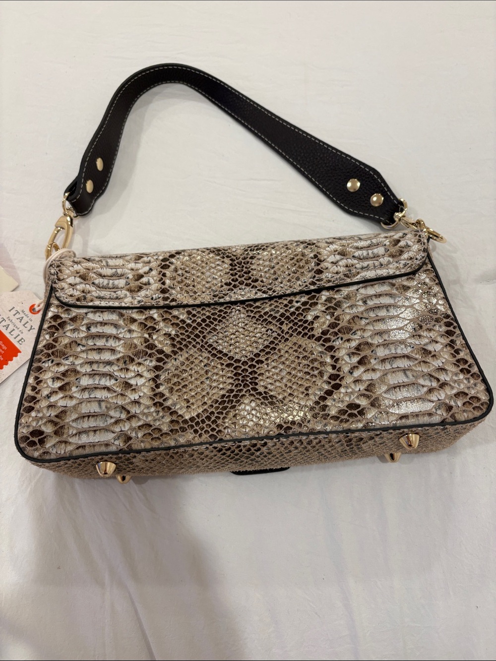 Snake-Embossed Shoulder Bag in Cream and Brown with Gold Hardware - Picture 6 of 8